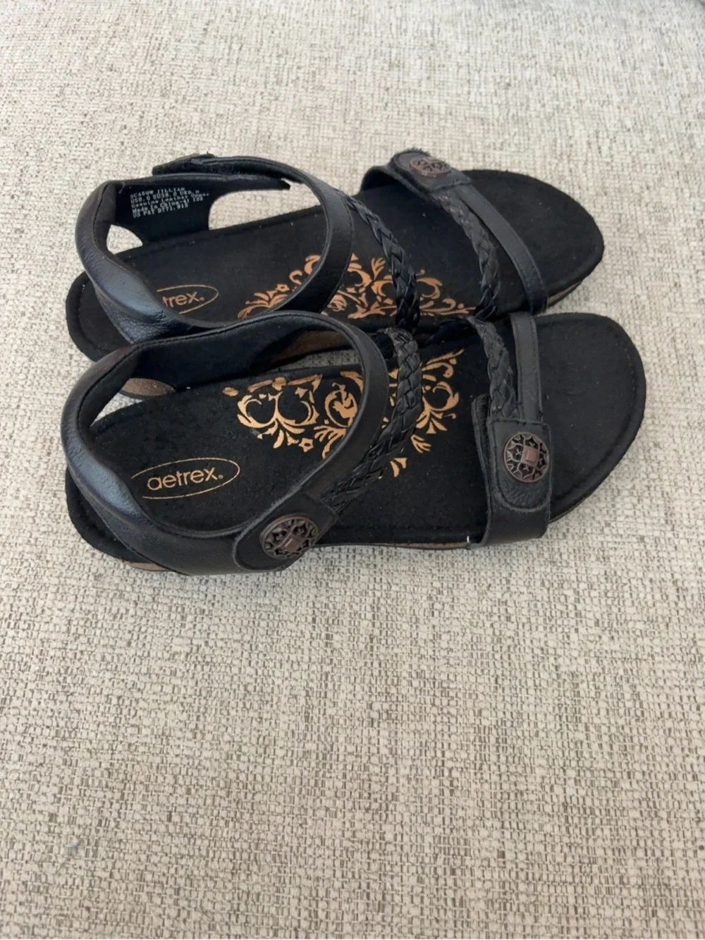 Aetrex Jillian Black Braided Leather Comfort Sandals Arch Support Size 8